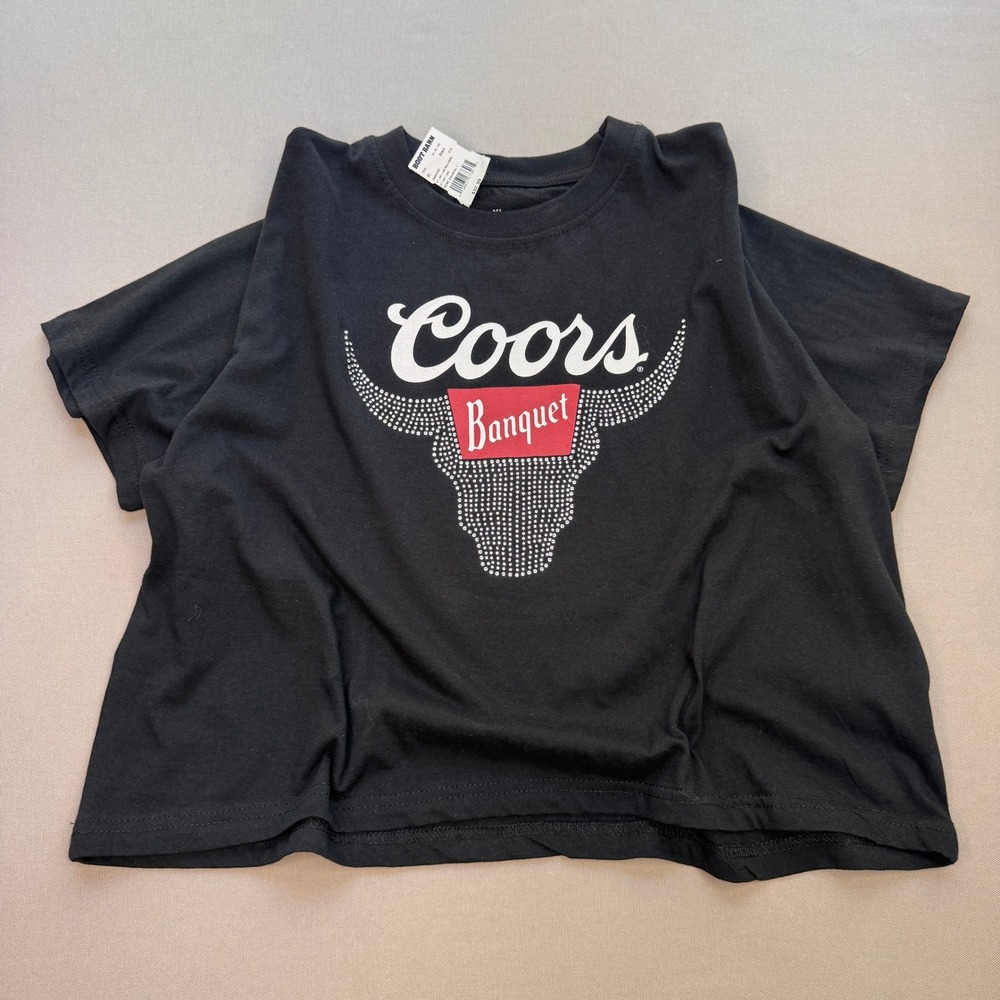Coors Banquet Rhinestone Bull Graphic Crop T-Shirt Black XL NWT